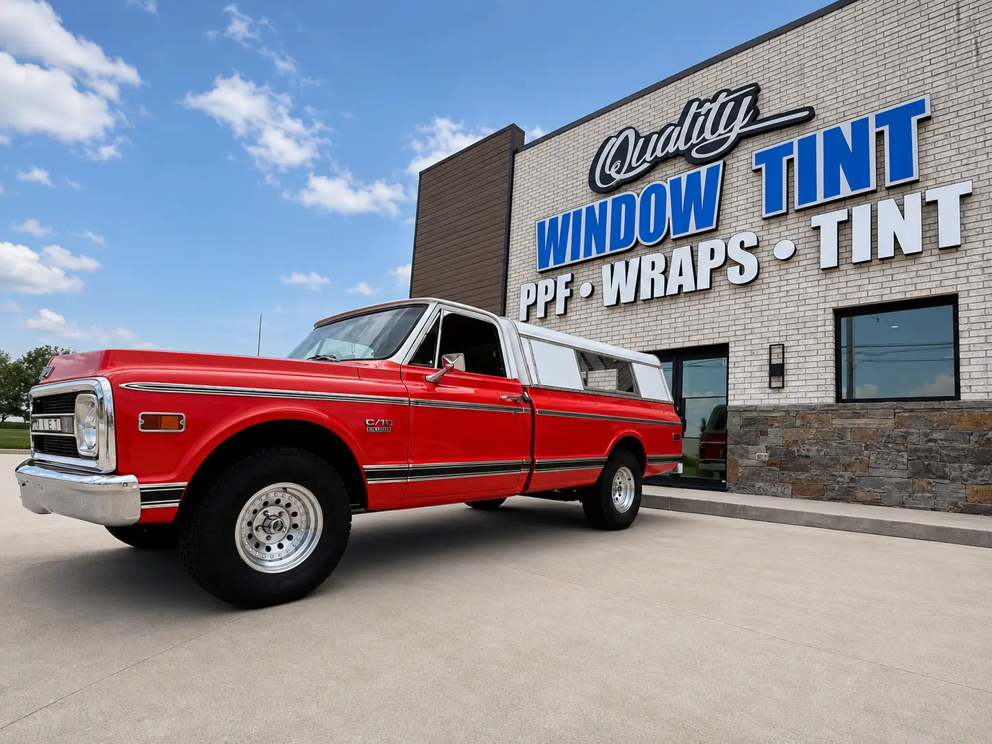 Restored red Chevrolet C10 pickup outside the Quality Window Tint shop in Edmond